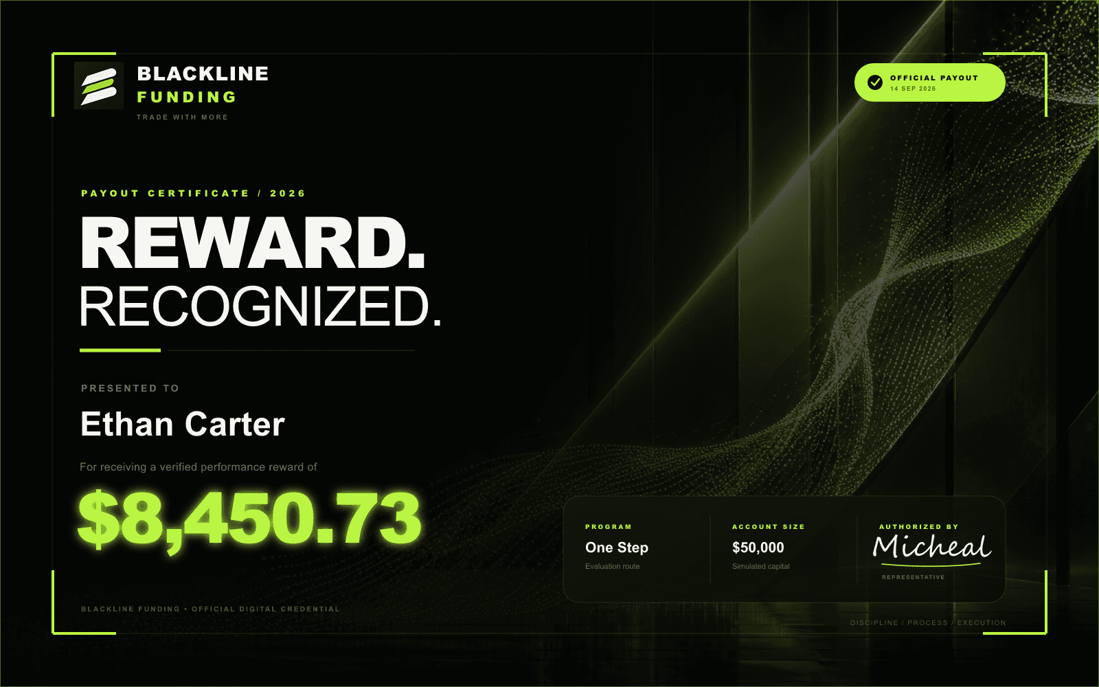 Blackline Funding payout certificate for Ethan Carter