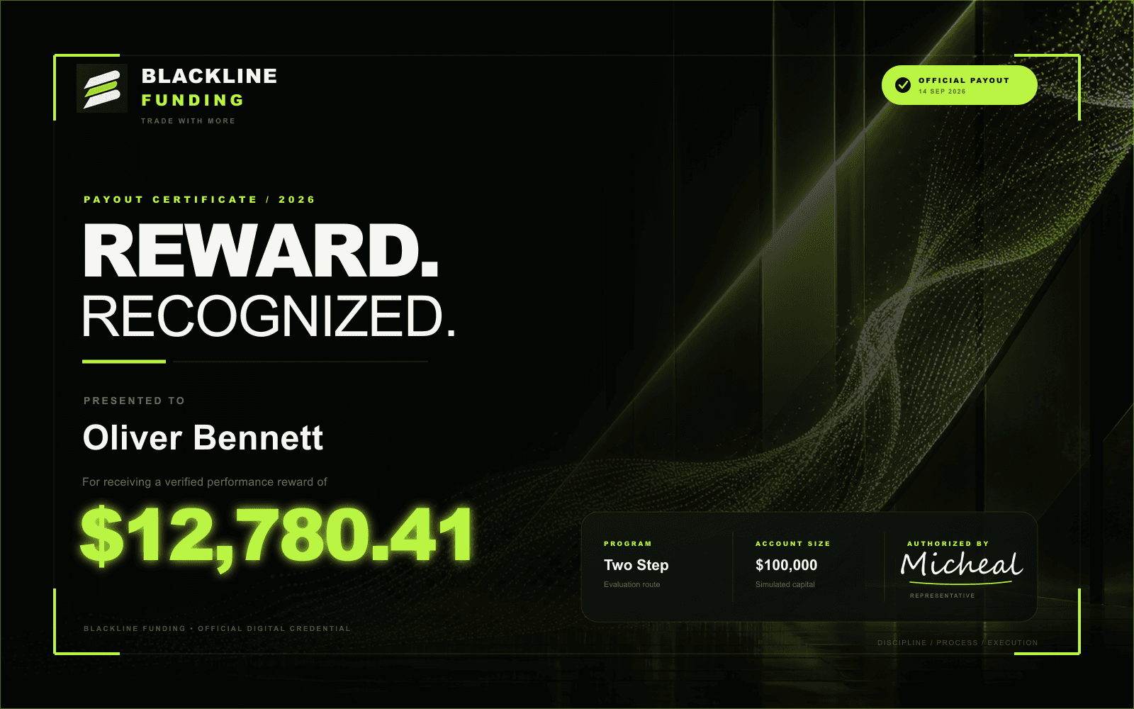 Blackline Funding payout certificate for Oliver Bennett