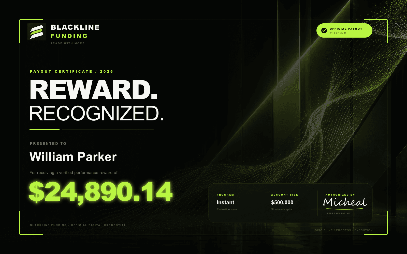 Blackline Funding payout certificate for William Parker